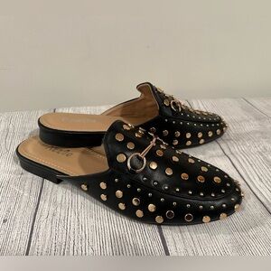 PAZZLE women Gold Studded Black Mules/size 7